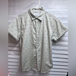 Paper Denim & Cloth Short Sleeve Button-Down in Light Beige with Blue Print